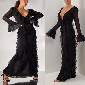 BLACK RUFFLE LONG SLEEVE MAXI DRESS